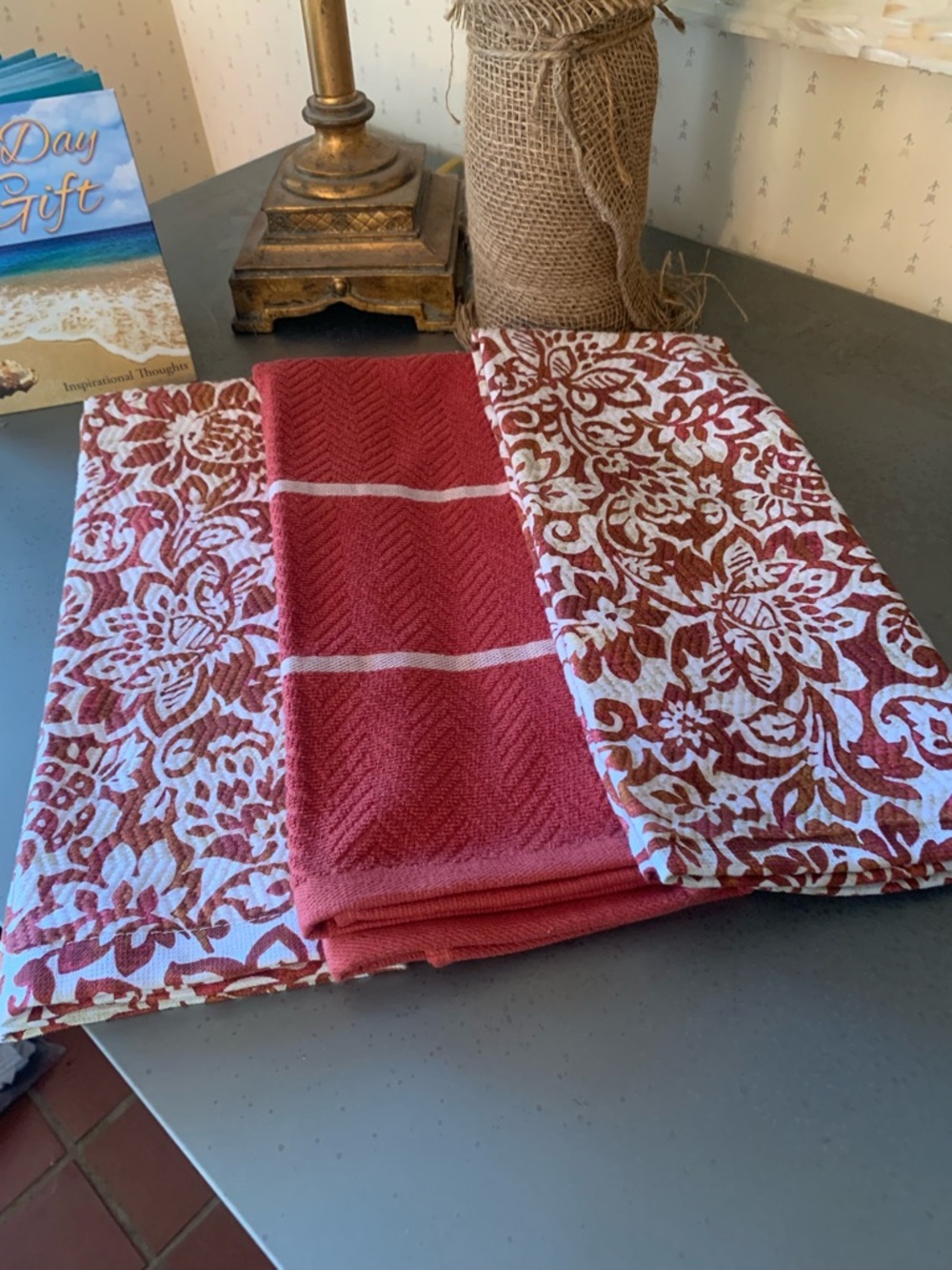 Ralph Lauren, NEW NEVER USED, set of 3 kitchen towels, RUST color floral/ stripe